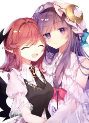 Rule 34 | 2girls, bad id, bad twitter id, bat wings, black vest, closed eyes, commentary request, crescent, crescent hair ornament, dress, fang, hair ornament, hat, head wings, highres, koakuma, long hair, looking at viewer, medium hair, mob cap, multiple girls, necktie, open mouth, patchouli knowledge, pointy ears, puffy short sleeves, puffy sleeves, purple eyes, purple hair, red hair, risui (suzu rks), shirt, short sleeves, skin fang, touhou, upper body, vest, white background, white dress, white shirt, wings