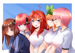 Rule 34 | 5girls, absurdres, ahoge, black ribbon, blue background, blue eyes, blue track suit, blunt bangs, blush, breasts, butterfly hair ornament, closed mouth, commentary request, double-parted bangs, eyebrows hidden by hair, eyelashes, from side, frown, furrowed brow, go-toubun no hanayome, green ribbon, gym uniform, hair between eyes, hair ornament, hair over one eye, hair ribbon, highres, hug, hug from behind, large breasts, long hair, long sleeves, looking at another, mame1645, medium hair, multiple girls, nakano ichika, nakano itsuki, nakano miku, nakano nino, nakano yotsuba, one eye covered, open mouth, orange hair, pink hair, profile, quintuplets, red hair, ribbon, shirt, short hair, short sleeves, siblings, side-by-side, sidelocks, simple background, sisters, smile, star (symbol), star hair ornament, straight hair, two side up, upper body, white shirt
