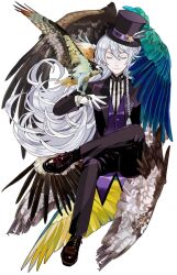Rule 34 | 1boy, bird, bird on hand, bird wings, black hat, black jacket, black pants, bow, bowtie, braid, closed eyes, closed mouth, eagle, ensemble stars!, facing viewer, figure four sitting, full body, gloves, hair between eyes, hat, hat feather, hat ornament, hibiki wataru, invisible chair, jacket, long hair, long sleeves, male focus, multiple wings, pants, purple bow, purple bowtie, purple vest, red footwear, shirt, shoes, side braid, sitting, slothm22, smile, solo, star (symbol), star hat ornament, striped clothes, striped shirt, tailcoat, tilted headwear, top hat, vertical-striped clothes, vertical-striped shirt, vest, white background, white gloves, white hair, white shirt, wings