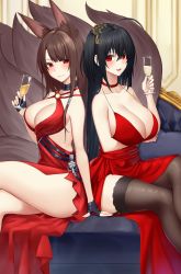 Rule 34 | 2girls, akagi (azur lane), akagi (ruby-laced beauty) (azur lane), akagi (ruby-laced beauty) (azur lane), animal ears, arm under breasts, azur lane, bare hips, bare legs, bare shoulders, black hair, black legwear, breast rest, breasts, brown hair, card (medium), champagne flute, cleavage, commentary request, cup, dress, drinking glass, glass, highres, large breasts, long hair, looking at viewer, multiple girls, o-ring dress, official alternate costume, red dress, red eyes, seductive smile, smile, taihou (azur lane), taihou (forbidden feast) (azur lane), tail, thighhighs, yorugami rei