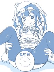 Rule 34 | 1girl, beret, blue theme, blush, capelet, closed mouth, clothes pull, copyright request, feet out of frame, fujisaka lyric, goggles, goggles on head, hat, head tilt, long hair, mini hat, nervous smile, panties, pantyhose, pantyhose pull, shirt, skirt, smile, solo, spread legs, sweat, tilted headwear, translation request, twintails, underwear, white background