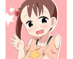 Rule 34 | 1girl, :d, akamatsu yui, blush, brown eyes, brown hair, brown shirt, child, clothing cutout, collarbone, commentary request, drop shadow, hair bobbles, hair ornament, hand up, highres, kapuru 0410, long hair, looking at viewer, mitsuboshi colors, open mouth, pink background, print shirt, shirt, short sleeves, shoulder cutout, side ponytail, smile, solo, star (symbol), star print, two-tone background, white background