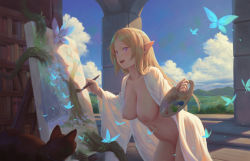 Rule 34 | 1girl, bigrbear, blue sky, book, breasts, bug, butterfly, casual nudity, cloud, day, elf, highres, holding, holding paintbrush, bug, landscape, large breasts, library, looking at viewer, navel, nipples, open clothes, open mouth, original, outdoors, paintbrush, painting (action), pillar, pointy ears, purple eyes, sky, smile
