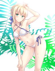 Rule 34 | 1girl, ahoge, artoria pendragon (fate), artoria pendragon (swimsuit archer) (fate), artoria pendragon (swimsuit archer) (first ascension) (fate), bad id, bad pixiv id, bare arms, bare shoulders, bikini, blonde hair, braid, breasts, collarbone, commentary request, cowboy shot, criss-cross halter, fate/grand order, fate (series), green eyes, halterneck, kurage1, leaning forward, looking at viewer, medium breasts, ribbon, sidelocks, smile, solo, stomach, swimsuit, thighs, white bikini