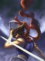 Rule 34 | 1boy, brown hair, capcom, male focus, manly, moon, ninja, outdoors, red scarf, ryou (pixiv22748), scarf, sky, solo, strider (video game), strider hiryuu, sword, weapon