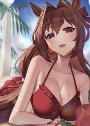 Rule 34 | 1girl, :d, alternate hairstyle, animal ears, bare shoulders, barefoot, bikini, blue sky, blush, bow, breasts, brown hair, cleavage, collarbone, commentary request, daiwa scarlet (trifle vacation) (umamusume), daiwa scarlet (umamusume), day, fang, flower, hair between eyes, hair bobbles, hair bow, hair intakes, hair ornament, horse ears, horse girl, large breasts, long hair, looking at viewer, lying, official alternate costume, on stomach, open mouth, outdoors, palm tree, red bikini, red bow, red eyes, sky, smile, solo, swimsuit, tree, umamusume, very long hair, yoimoriyoru
