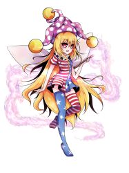 Rule 34 | 1girl, american flag dress, american flag legwear, asymmetrical legwear, blonde hair, blush stickers, breasts, clownpiece, dress, fairy wings, full body, hair between eyes, hat, holding, holding torch, jester cap, leg up, long hair, neck ruff, no shoes, open mouth, red eyes, shen li, short dress, short sleeves, small breasts, solo, standing, standing on one leg, torch, touhou, transparent background, very long hair, wings
