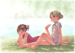 Rule 34 | 2girls, bad id, bad pixiv id, barefoot, blonde hair, brown eyes, brown hair, chinese clothes, dappled sunlight, double bun, feet, flat chest, grass, kosai takayuki, legs, lying, multiple girls, on stomach, original, sitting, smile, soles, sunlight, toes, tree shade, water