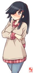 Rule 34 | 1girl, alternate costume, artist logo, black hair, blue pants, brown eyes, brown sweater, collared shirt, commentary request, cowboy shot, dated, denim, hair ornament, hair over one eye, hairclip, hayashimo (kancolle), hime cut, jeans, jewelry, kanon (kurogane knights), kantai collection, long hair, necklace, one-hour drawing challenge, pants, plaid, plaid shirt, red shirt, shirt, simple background, solo, sweater, very long hair, white background