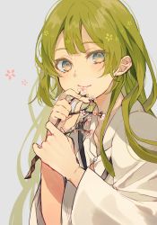 Rule 34 | 1boy, bad id, bad twitter id, blush, branch, cherry blossoms, closed mouth, enkidu (fate), eyes visible through hair, fate/strange fake, fate (series), green hair, grey background, grey eyes, hands up, highres, holding, long sleeves, looking at viewer, male focus, satsuki (miicat), simple background, smile, solo, upper body, wide sleeves