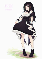 Rule 34 | 1girl, alternate costume, black collar, black footwear, black hair, blunt bangs, breasts, buttons, chitanda eru, cleavage, collar, commentary request, detached collar, double-breasted, dress, enmaided, frilled dress, frills, full body, highres, hyouka, lis zhu long, long hair, looking at viewer, maid, medium breasts, open mouth, pantyhose, puffy short sleeves, puffy sleeves, purple eyes, ribbon trim, school uniform, short sleeves, skirt hold, solo, standing, white pantyhose, wrist cuffs