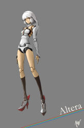 152_in_can 1girl absurdres altera_(fate) android bare_shoulders breasts character_doll character_name chitocerium collar crossover detached_collar detached_sleeves doll doll_joints english_text expressionless fate/grand_order fate_(series) full_body grey_background high_heels highres joints leotard robot robot_girl short_hair small_breasts solo veil white_collar white_hair white_leotard white_sleeves white_veil yellow_eyes