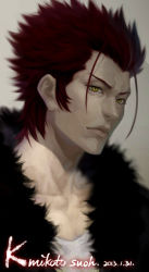 Rule 34 | 10s, 1boy, bifanghuanshi, character name, dated, fur collar, fur trim, highres, k-project, male focus, manly, realistic, red hair, solo, suoh mikoto, yellow eyes