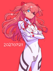 Rule 34 | 1girl, blue eyes, bodysuit, boyaking, breasts, brown hair, crossed arms, dated, evangelion: 3.0+1.0 thrice upon a time, eyepatch, hair ornament, highres, lips, long hair, looking at viewer, neon genesis evangelion, pilot suit, plugsuit, rebuild of evangelion, shiny clothes, skin tight, smile, solo, souryuu asuka langley, two side up, very long hair, white bodysuit, wide hips