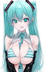 1girl 39 :q aqua_eyes aqua_hair aqua_necktie barbell_piercing between_breasts bikini black_sleeves breasts breasts_squeezed_together commentary_request crossed_bangs detached_sleeves hair_between_eyes hair_ornament hatsune_miku highres large_breasts light_blush long_hair looking_at_viewer meme_attire micro_bikini miku_collar_bikini multiple_piercings necktie necktie_between_breasts number_tattoo ompf piercing shoulder_tattoo simple_background skindentation solo straight-on striped_bikini striped_clothes swimsuit tattoo tie_clip tongue tongue_out tongue_piercing twintails underboob upper_body v-shaped_eyebrows very_long_hair vocaloid white_background