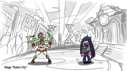 Rule 34 | 2girls, alternate color, colored skin, concept art, cosplay, crossover, fighting stance, filia (skullgirls), green hair, honekoneko (psg), multicolored hair, multiple girls, necktie, panty &amp; stocking with garterbelt, parody, pink hair, purple hair, red skin, samson (skullgirls), scanty (psg), scanty (psg) (cosplay), school uniform, sketch, skullgirls, stocking (psg), striped clothes, striped legwear, striped thighhighs, stuffed animal, stuffed cat, stuffed toy, style parody, sukaponta, thighhighs, two-tone hair, white legwear