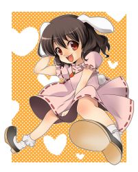 Rule 34 | 1girl, animal ears, bad id, bad pixiv id, brown hair, dress, female focus, happy, inaba tewi, jewelry, necklace, rabbit ears, rabbit girl, rabbit tail, red eyes, shie, shie (m417), short hair, solo, tail, touhou