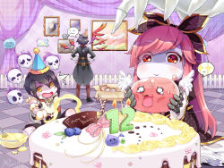 Rule 34 | + +, 1girl, 2boys, :3, angeling, batter, black coat, black dress, black footwear, black shorts, box, brooch, cake, candle, celine kimi, checkered floor, chinese commentary, closed mouth, coat, colored skin, commentary request, despair god morroc, dress, dual persona, fence, flaming skull, floating skull, food, full body, fumiao, hair between eyes, happy birthday, heart, heart in eye, indoors, jewelry, long hair, looking at another, low ponytail, marin (ragnarok online), marionette, mirror, multiple boys, open mouth, painting (object), pastry bag, pink hair, polka dot, polka dot dress, ponytail, poporing, puppet, ragnarok online, red eyes, red wings, shirt, shoes, short hair, shorts, sitting, skull, slime (creature), smile, string, symbol in eye, time paradox, wafer stick, white shirt, white skin, wings, yellow eyes
