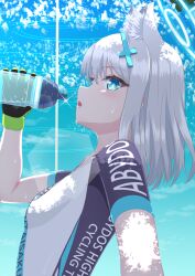 Rule 34 | 1girl, animal ear fluff, animal ears, bike jersey, blue archive, blue eyes, bottle, collarbone, commentary request, from side, grey hair, hair between eyes, halo, head tilt, highres, holding, holding bottle, looking at viewer, looking to the side, medium hair, official alternate costume, parted lips, plastic bottle, shiroko (blue archive), shiroko (cycling) (blue archive), short sleeves, sidelocks, solo, sweat, syimo, wolf ears, wolf girl