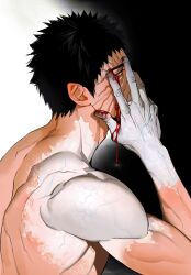 Rule 34 | 1boy, absurdres, black hair, blood, blood on face, blue octopus12, colored extremities, from side, glowing veins, gradient skin, hand on own face, highres, looking at viewer, male focus, naruto (series), naruto shippuuden, nude, profile, red eyes, sanpaku, sharingan, short hair, sideways glance, solo, spiked hair, thick eyebrows, toned, toned male, uchiha obito