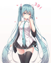 Rule 34 | 1girl, 39, ahoge, akira (been0328), bad id, bad pixiv id, black skirt, black sleeves, black thighhighs, blue eyes, blue hair, blue necktie, blush, breasts, closed mouth, collared shirt, commentary request, detached sleeves, gradient background, grey background, hair ornament, hand up, hatsune miku, heart, long sleeves, looking at viewer, necktie, pleated skirt, shirt, sidelocks, skirt, sleeveless, sleeveless shirt, small breasts, smile, solo, thighhighs, tie clip, twintails, vocaloid, white background, white shirt, wide sleeves