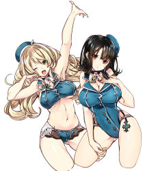 Rule 34 | 10s, 218, 2girls, ;d, absurdres, adapted costume, arm up, armpits, ascot, atago (kancolle), bare arms, beret, bikini, black eyes, blonde hair, blush, breasts, brown hair, choker, cleavage, covered erect nipples, cowboy shot, cropped legs, gluteal fold, green eyes, hair between eyes, hand on own chest, hand up, hat, highres, kantai collection, large breasts, long hair, looking at viewer, multiple girls, navel, one-piece swimsuit, one eye closed, open mouth, outstretched hand, parted lips, sidelocks, simple background, sleeveless, smile, stomach, swimsuit, takao (kancolle), underboob, white background