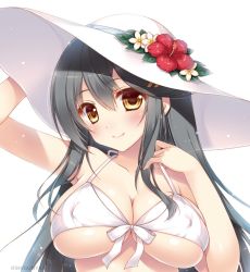 Rule 34 | 1girl, arm behind head, bikini, black hair, breasts, brown eyes, cleavage, flower, front-tie bikini top, front-tie top, hair ornament, hairclip, hand in own hair, haruna (kancolle), hat, hat flower, hibiscus, kantai collection, large breasts, long hair, looking at viewer, shigunyan, simple background, skindentation, smile, solo, sun hat, swimsuit, twitter username, upper body, white background, white bikini, white hat