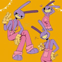 Rule 34 | 1boy, absurdres, chibi, colored skin, gloves, highres, jax (the amazing digital circus), kageimo, looking to the side, orange background, overalls, pink overalls, purple skin, rabbit boy, smile, the amazing digital circus, yellow gloves, yellow teeth