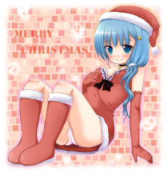 Rule 34 | 1girl, akino ochiba, arm support, blue eyes, blue hair, blush, boots, bow, christmas, dress, elbow gloves, gloves, hair ornament, hairpin, hat, jewelry, knee boots, leaning back, long hair, matching hair/eyes, necklace, original, panties, pantyshot, red dress, red gloves, red skirt, santa costume, santa hat, short dress, sitting, skirt, solo, underwear, white panties