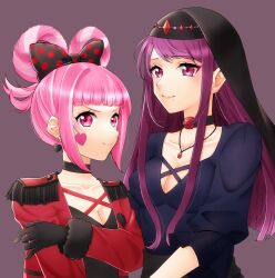 2girls choker fire_emblem fire_emblem_engage gau_fe hair_flaps hair_rings highres hortensia_(fire_emblem) ivy_(fire_emblem) jacket multiple_girls nintendo pink_eyes pink_hair pink_jacket purple_eyes purple_hair siblings sisters