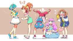 Rule 34 | 5girls, :d, antennae, aqua eyes, aqua footwear, aqua hair, aqua sailor collar, aqua shirt, aqua shorts, azuma yukihiko, belt, blouse, blue jacket, blue overalls, blush, border, bow, brown background, brown belt, brown eyes, brown hair, cellphone, closed mouth, commentary request, crop top, dress, excited, fins, fist pump, floating hair, frilled shirt, frills, from behind, from side, frown, green eyes, green skirt, hagoromo lala, hair bobbles, hair bow, hair ornament, hair strand, halterneck, hands up, head fins, healin&#039; good precure, heart, heart hair ornament, high ponytail, highres, hiramitsu hinata, holding, holding phone, hood, hooded jacket, hoshina hikaru, jacket, laura (precure), leaning forward, leg warmers, letterboxed, long hair, long sleeves, looking at another, mermaid, midriff, monster girl, motion lines, multicolored clothes, multicolored hair, multicolored jacket, multicolored shirt, multiple girls, natsuumi manatsu, navel, off shoulder, open clothes, open jacket, open mouth, orange hair, outside border, overalls, pearl hair ornament, phone, pink belt, pink footwear, pink hair, pink legwear, pink shirt, pointing, pointy ears, pouch, precure, sailor collar, sandals, scales, shadow, shirt, shoes, short hair, shorts, shouting, side ponytail, simple background, skirt, sleeveless, sleeveless shirt, smartphone, smile, sneakers, socks, split tail, square mouth, squatting, star (symbol), star print, star twinkle precure, stomach, streaked hair, sweatdrop, thick eyebrows, tropical-rouge! precure, twintails, wavy hair, white border, white dress, white footwear, white hair, white jacket, white shirt, white sleeves, yellow bow, yellow jacket, yellow shirt