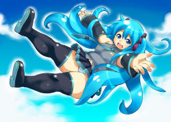 Rule 34 | 1girl, aqua hair, bare shoulders, blue eyes, breasts, detached sleeves, falling, fat, hatsune miku, headphones, kinoshita jun&#039;ichi, large breasts, long hair, necktie, open mouth, panties, pantyshot, plump, sky, smile, solo, striped clothes, striped panties, thighhighs, twintails, underwear, very long hair, vocaloid