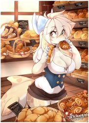 Rule 34 | 1girl, artist name, bakery, bread, breasts, brown shorts, choker, collarbone, colored skin, corset, eating, food, food in mouth, furry, furry female, highres, holding, holding food, large breasts, long hair, nami (teranen), original, shop, short shorts, shorts, solo, teranen, white hair, white skin
