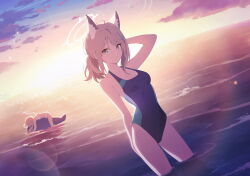 Rule 34 | 2girls, ahoge, animal ears, arm behind head, arm up, artist request, backlighting, bare arms, bikini, black one-piece swimsuit, blonde hair, blue archive, blue eyes, breasts, cleavage, cloud, collarbone, competition swimsuit, covered navel, cowboy shot, cross, cross hair ornament, dutch angle, extra ears, frilled bikini, frills, game cg, hair between eyes, hair ornament, halo, halterneck, hand in own hair, highres, horizon, hoshino (blue archive), hoshino (swimsuit) (blue archive), inflatable toy, inverted cross, light particles, low ponytail, lying, medium breasts, medium hair, multiple girls, narrow waist, non-web source, ocean, official alternate costume, official art, on stomach, one-piece swimsuit, outdoors, parted lips, pink hair, ponytail, shiroko (blue archive), shiroko (swimsuit) (blue archive), short ponytail, sidelocks, solo focus, standing, straddling, sunlight, sunset, swimsuit, thighs, wading, water, white bikini, wolf ears