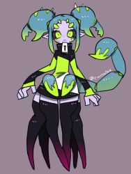 Rule 34 | 1girl, arthropod girl, arthropod limbs, black sclera, colored sclera, colored skin, compound eyes, expressionless, extra eyes, extra legs, green eyes, green hair, haze (c10h17n7o4), highres, leggings, pants, pincers, pink skin, pointy ears, scorpion, scorpion girl, scorpion tail, solo, source request, tail, tight clothes, tight pants, aqua hair