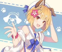 Rule 34 | 1girl, animal ears, arm scrunchie, blonde hair, blunt bangs, braid, collarbone, commentary request, crop top, dog ears, fang, flower, garjana, granblue fantasy, hair flower, hair ornament, hand on own head, hat, jacket, jiman, off shoulder, open mouth, outstretched arm, paw print, sailor collar, sailor hat, single braid, smile, solo, upper body, vajra (granblue fantasy), vajra (summer) (granblue fantasy), yellow eyes