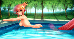 Rule 34 | 10s, 1girl, absurdres, ass, blacksaikou, blush, breasts, day, fang, from side, hair ornament, hairclip, highres, lamia, large breasts, long hair, looking at viewer, looking back, miia (monster musume), monster girl, monster musume no iru nichijou, nude, open mouth, outdoors, partially submerged, pointy ears, pool, red hair, scales, short hair, slit pupils, smile, solo, tree, very long hair, yellow eyes