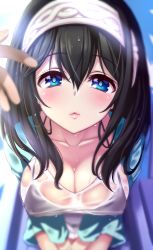 Rule 34 | 10s, 1girl, bikini, bikini under clothes, black hair, blue eyes, blurry, blush, breasts, depth of field, covered erect nipples, hairband, highres, idolmaster, idolmaster cinderella girls, jewel (the black canvas), leaning forward, light rays, long hair, looking at viewer, male hand, pov, sagisawa fumika, solo focus, swimsuit, swimsuit under clothes, water drop, wet, wet clothes