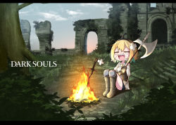 Rule 34 | 1girl, :d, = =, amano pikamee, aqua camisole, axe, bad id, bad twitter id, bandaid, bandaid on head, black shorts, blonde hair, blue sky, bonfire, boots, camisole, cloud, commentary, copyright name, crying, dark souls (series), dark souls i, dress, facing viewer, fire, firelink shrine, gloves, grass, green hair, holding, holding weapon, knee pads, letterboxed, multicolored hair, open mouth, outdoors, planted, planted sword, planted weapon, ruins, sad smile, sharp teeth, short hair, shorts, sitting, sky, smile, solo, stairs, sumiya nadateru, sweater, sweater dress, sword, tears, teeth, tree, two-handed, two-tone hair, virtual youtuber, voms, weapon, white sweater