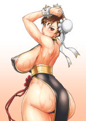 Rule 34 | 1girl, alternate costume, ass, bai linqin, bracelet, braid, breasts, brown eyes, brown hair, capcom, china dress, chinese clothes, chun-li, double bun, dress, hair bun, highres, huge ass, huge breasts, jewelry, looking at viewer, looking back, nipples, no bra, shiny skin, solo, spiked bracelet, spikes, street fighter, street fighter v, sweat, thighs, undersized clothes, wet