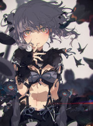 Rule 34 | 1girl, black flower, blurry, blurry background, blurry foreground, bug, butterfly, commentary request, double bun, finger to mouth, flower, grey hair, grey nails, hair bun, highres, insect, looking at viewer, nail polish, navel, ogipote, original, short hair, slit pupils, solo, yellow eyes