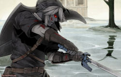 Rule 34 | 1boy, bare tree, belt, black hair, blood, colored skin, dark link, dark persona, door, finni chang, gauntlets, gloves, grey hair, grey skin, hat, looking at viewer, male focus, master sword, nintendo, pointy ears, red eyes, reflection, shield, signature, solo, standing, sword, the legend of zelda, the legend of zelda: ocarina of time, tree, tunic, water, water temple, watermark, weapon, web address