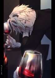 Rule 34 | 1boy, 1other, alchemy stars, alcohol, black shirt, blush, cup, drinking glass, grey eyes, hair between eyes, headband, highres, holding, holding cup, looking at viewer, male focus, navigator (alchemy stars), pillarboxed, shirt, smile, solo focus, sonomi, twitter username, white hair, wine, wine glass