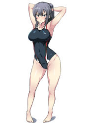 Rule 34 | 10s, 1girl, adjusting hair, arms behind head, barefoot, black one-piece swimsuit, blue eyes, breasts, closed mouth, competition swimsuit, frown, full body, girls und panzer, hair up, highres, itsumi erika, long hair, looking at viewer, mordeth, one-piece swimsuit, ponytail, silver hair, simple background, solo, swimsuit, white background