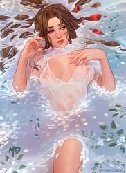 Rule 34 | 1girl, aerith gainsborough, artist name, bow, breasts, breasts apart, brown hair, cleavage, commentary, covered navel, dress, english commentary, covered erect nipples, final fantasy, final fantasy vii, green eyes, hair bow, momo-deary, partially submerged, smile, solo, twitter username, water, wet, wet clothes, wet dress