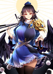 Rule 34 | 1girl, absurdres, bird wings, black coat, black hair, black thighhighs, black wings, blue dress, blue hat, breasts, closed mouth, coat, cowboy shot, dress, earrings, feathered wings, frilled dress, frills, hat, highres, holding, holding tripod, iizunamaru megumu, jewelry, large breasts, long hair, long sleeves, pointy ears, pom pom (clothes), raptor7, red eyes, shoulder guard, sleeveless, sleeveless coat, smile, solo, thighhighs, tokin hat, touhou, tripod, wings