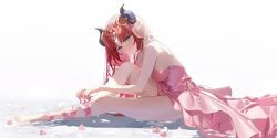 Rule 34 | 1girl, alternate costume, bare arms, bare shoulders, barefoot, blue eyes, breasts, closed mouth, dress, fake horns, from side, genshin impact, highres, horns, knee up, leg ribbon, long hair, looking at viewer, looking to the side, medium breasts, nilou (genshin impact), pink dress, pucohiiiii, red hair, ribbon, simple background, sitting, sleeveless, sleeveless dress, smile, solo, spaghetti strap, thighs, veil, white background, wide shot