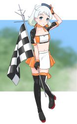 Rule 34 | 1girl, beret, black gloves, black hat, black jacket, black thighhighs, blue eyes, checkered flag, cropped jacket, flag, geometrie, gloves, hat, jacket, kantai collection, looking at viewer, midriff, mini person, minigirl, natsugumo (kancolle), navel, official alternate costume, orange scarf, orange skirt, orange tube top, race queen, scarf, short hair, skirt, solo, standing, strapless, thighhighs, tube top, two-tone skirt, white hair