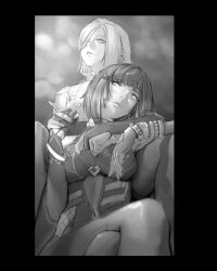 Rule 34 | 2girls, arm around neck, between legs, black border, bodysuit, border, closed mouth, commentary, genshin impact, gloves, greyscale, hair over one eye, hashtag-only commentary, holding hands, ker0nit0, long hair, medium hair, monochrome, multiple girls, pantyhose, parted lips, partially fingerless gloves, shenhe (genshin impact), short hair, yelan (genshin impact)