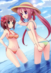 Rule 34 | 2girls, :d, absurdres, arm behind head, bikini, breasts, brown hair, cleavage, dutch angle, flower, green eyes, hat, hibiscus, highres, hiroichi, image sample, long hair, looking back, medium breasts, multiple girls, open mouth, purple eyes, red eyes, short hair, small breasts, smile, submerged, swimsuit